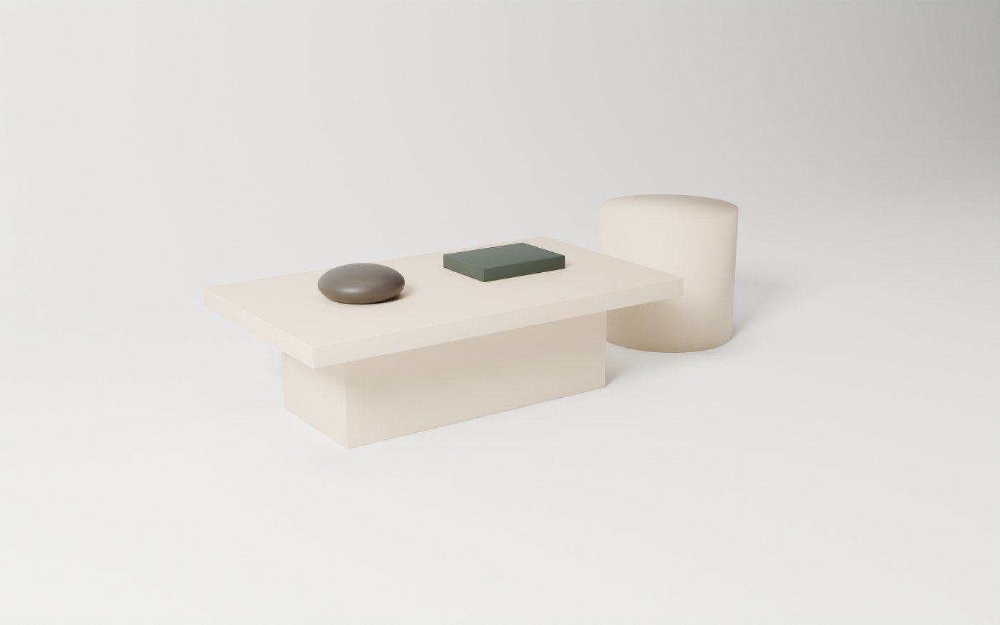 A custom travertine coffee table with a round side table