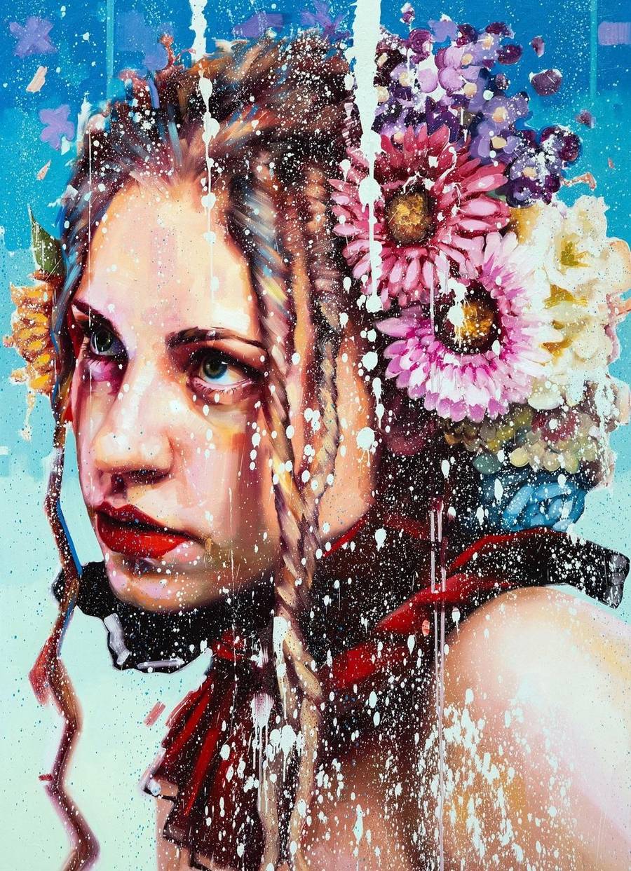 Flowery Creature by Silvio Porzionato, an oil portrait of a woman with braided hair and flowers