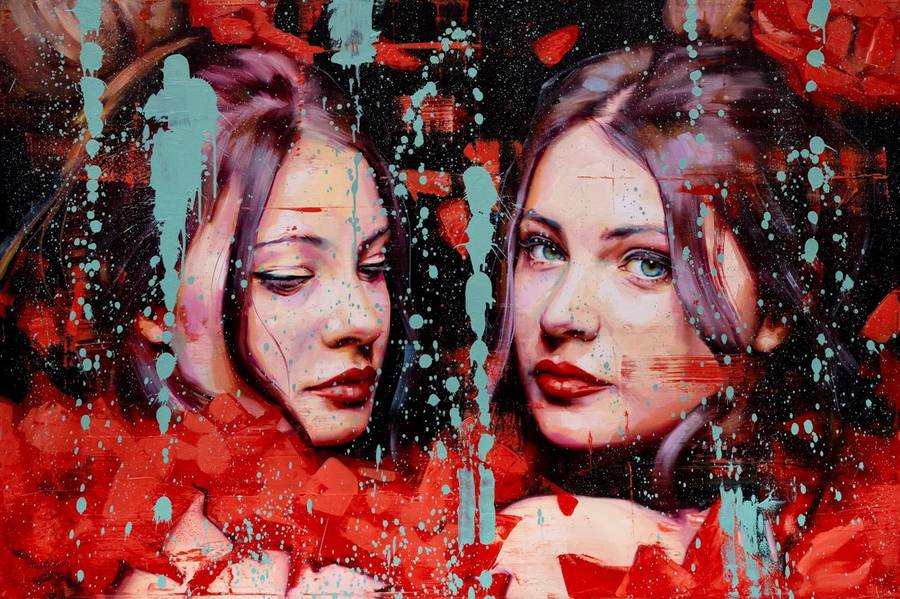 L'alter ego de Camille by Silvio Porzionato, a double oil portrait of two women in red and black
