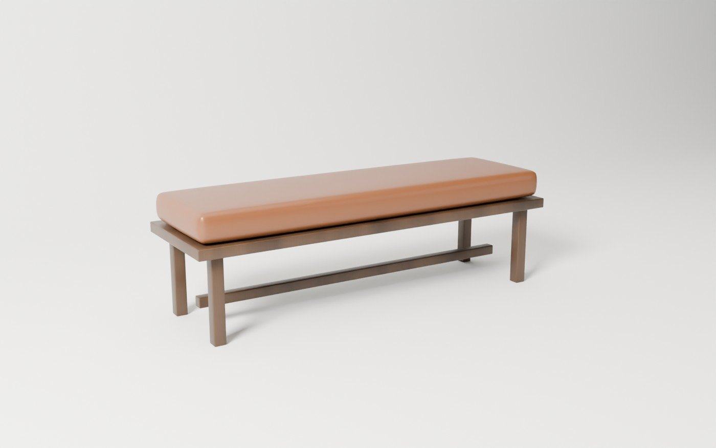A custom leather bench on a walnut frame