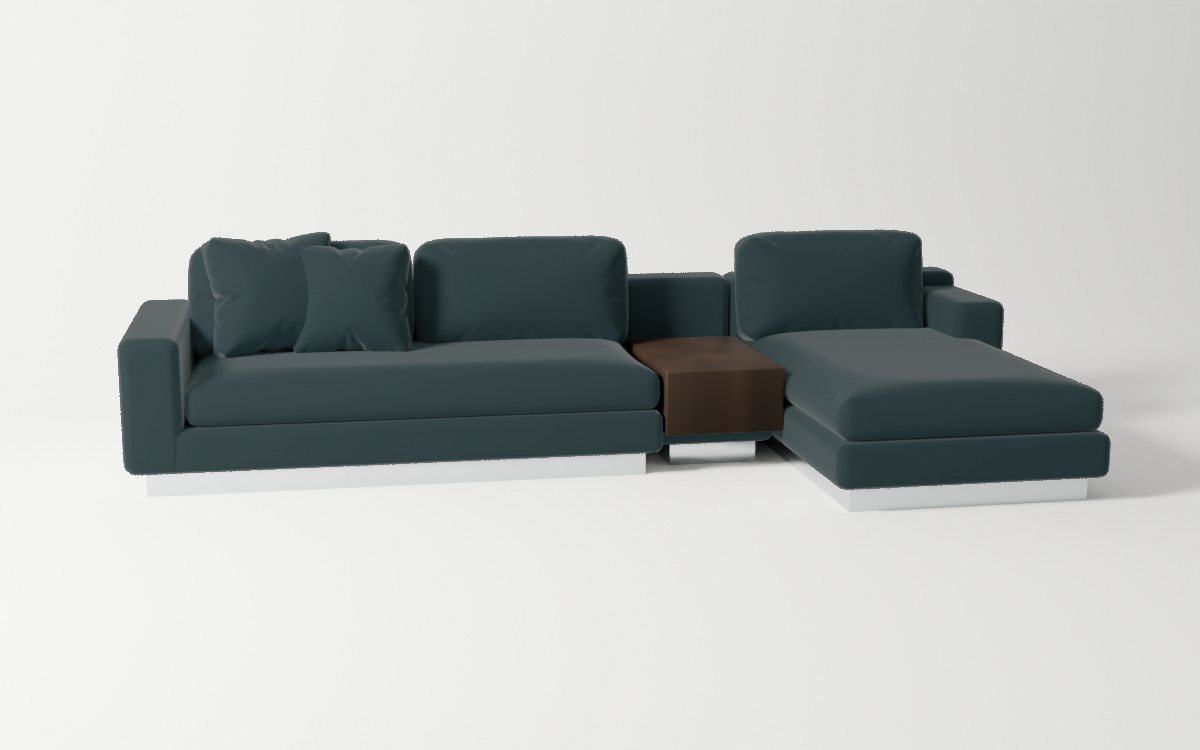 The Arden sectional in deep teal velvet with its walnut side table