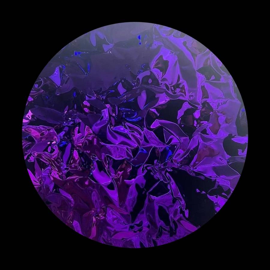 Amethyst by Hussain Jamil, a round violet mirror-polished stainless steel wall sculpture