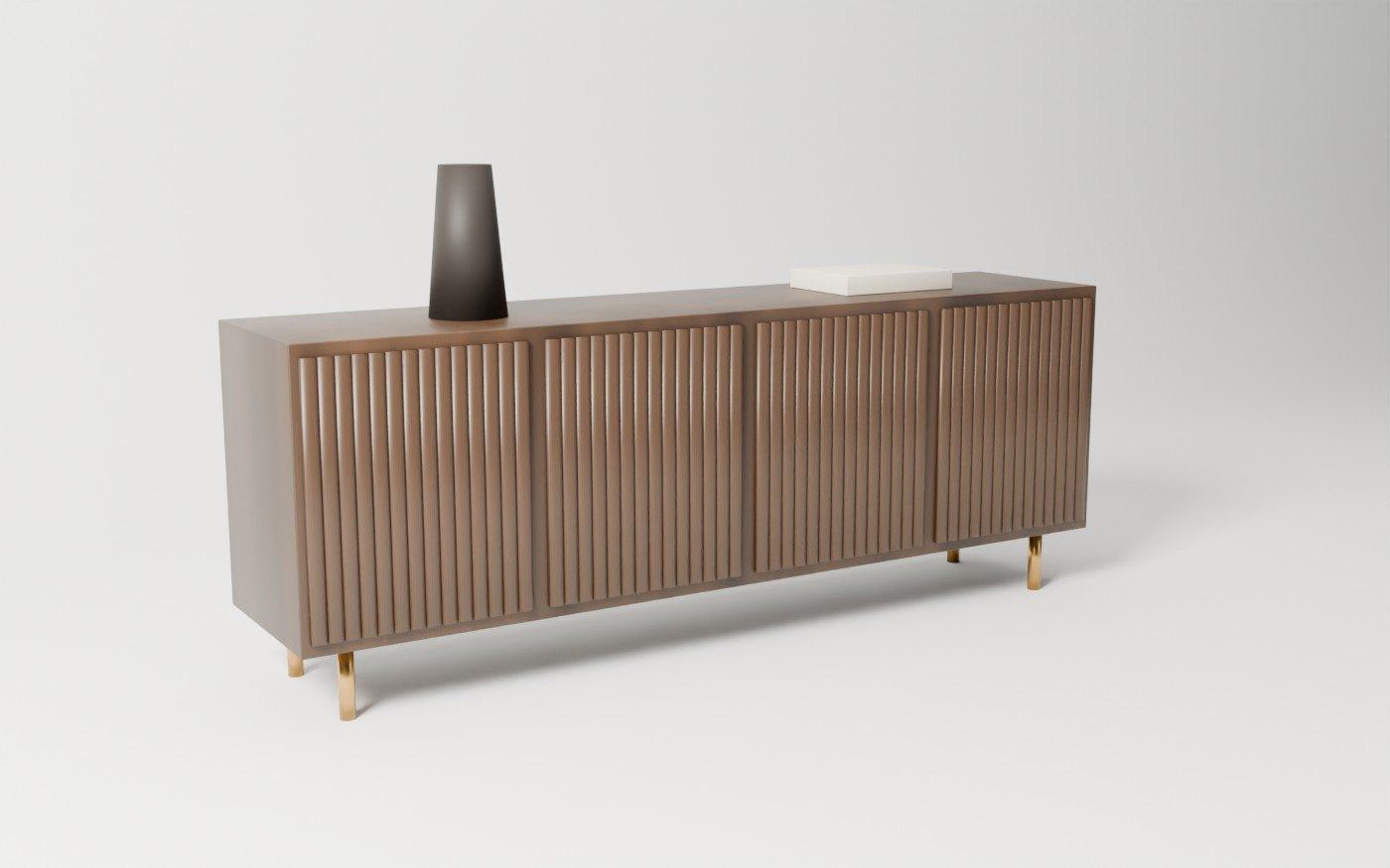 A custom fluted walnut sideboard on brass legs
