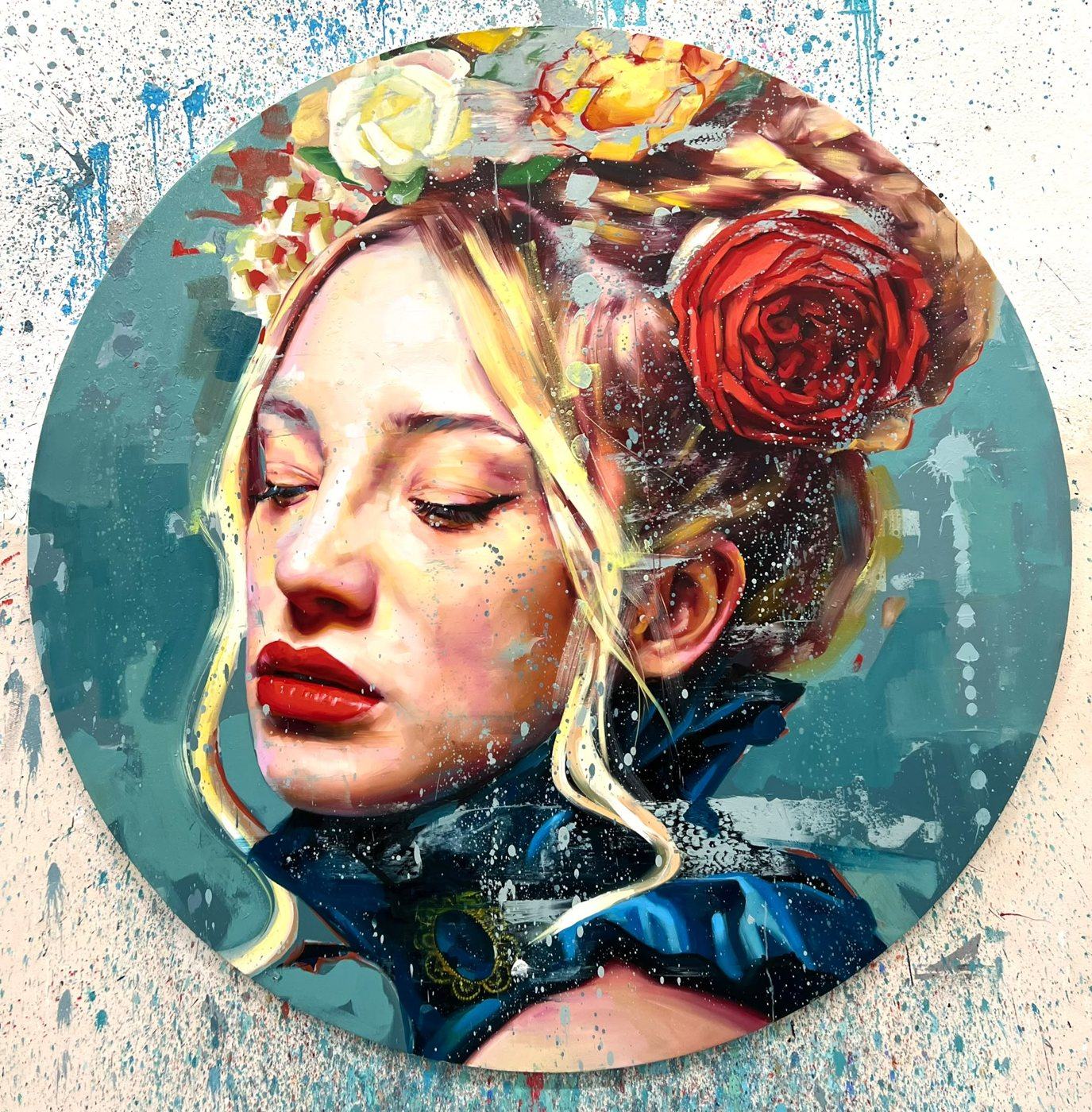 Lady Spring by Silvio Porzionato, a round oil portrait of a woman with roses in her hair on a teal ground