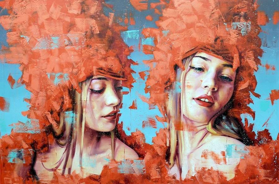Dreamers by Silvio Porzionato, a large oil painting of two women among red flowers on a blue ground