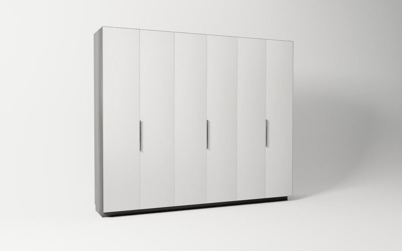 The Halden tall cabinet wall in Ivory lacquer, flat doors, smoked glass centre doors, brushed stainless pulls