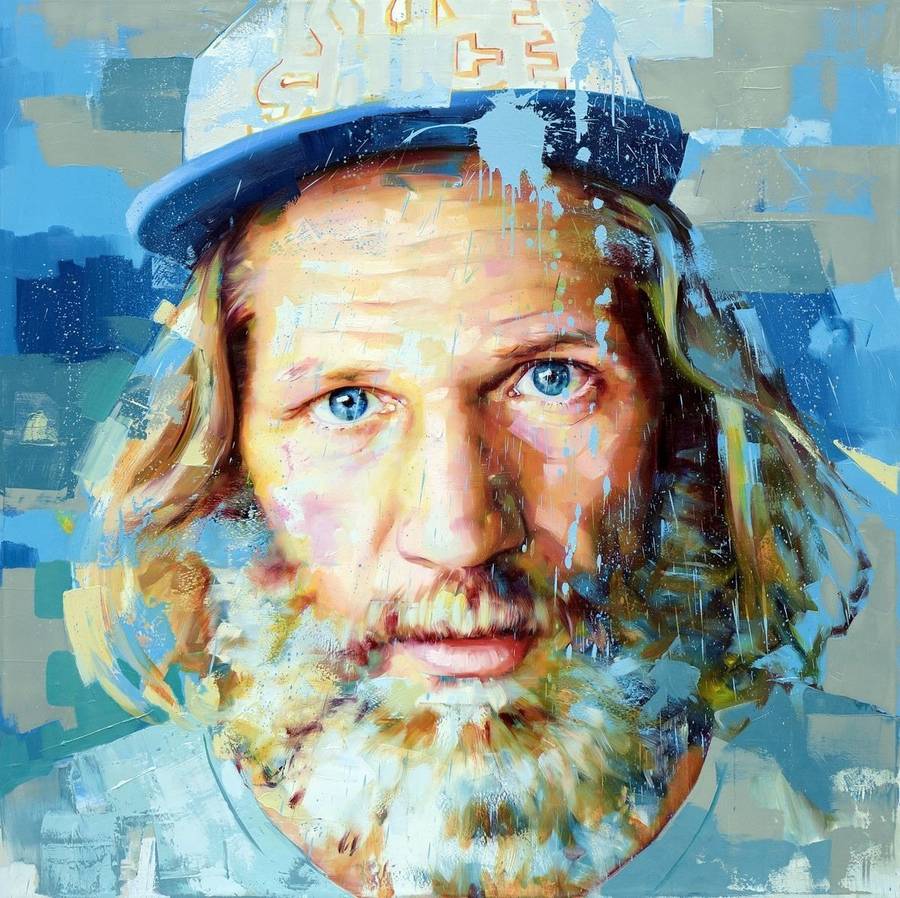Moses by Silvio Porzionato, an oil portrait of a bearded man in a cap on a blue ground