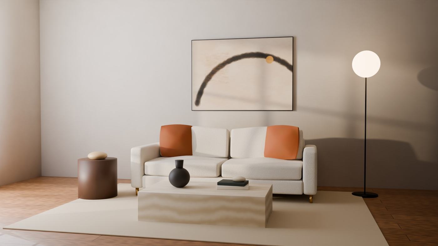 The same room finished: a custom ivory bouclé sofa by M Designs Collections with a travertine coffee table