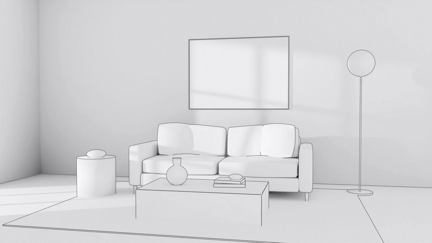 A living room drawn as a pencil sketch, the way a client's idea first arrives